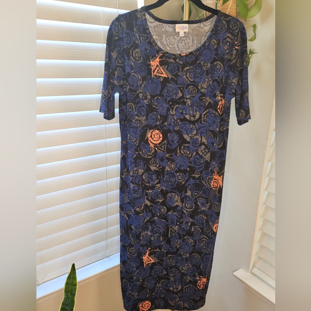 LuLaRoe Navy and Coral Floral Julia Dress M